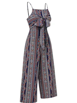 Online Retro Stage 1930s Spaghetti Strap Bohemian Tie-Front Jumpsuit Multicolor