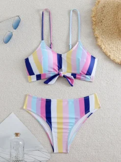 Discount Retro Stage 1940s Spaghetti Strap Bow Contrast Stripes Bikini