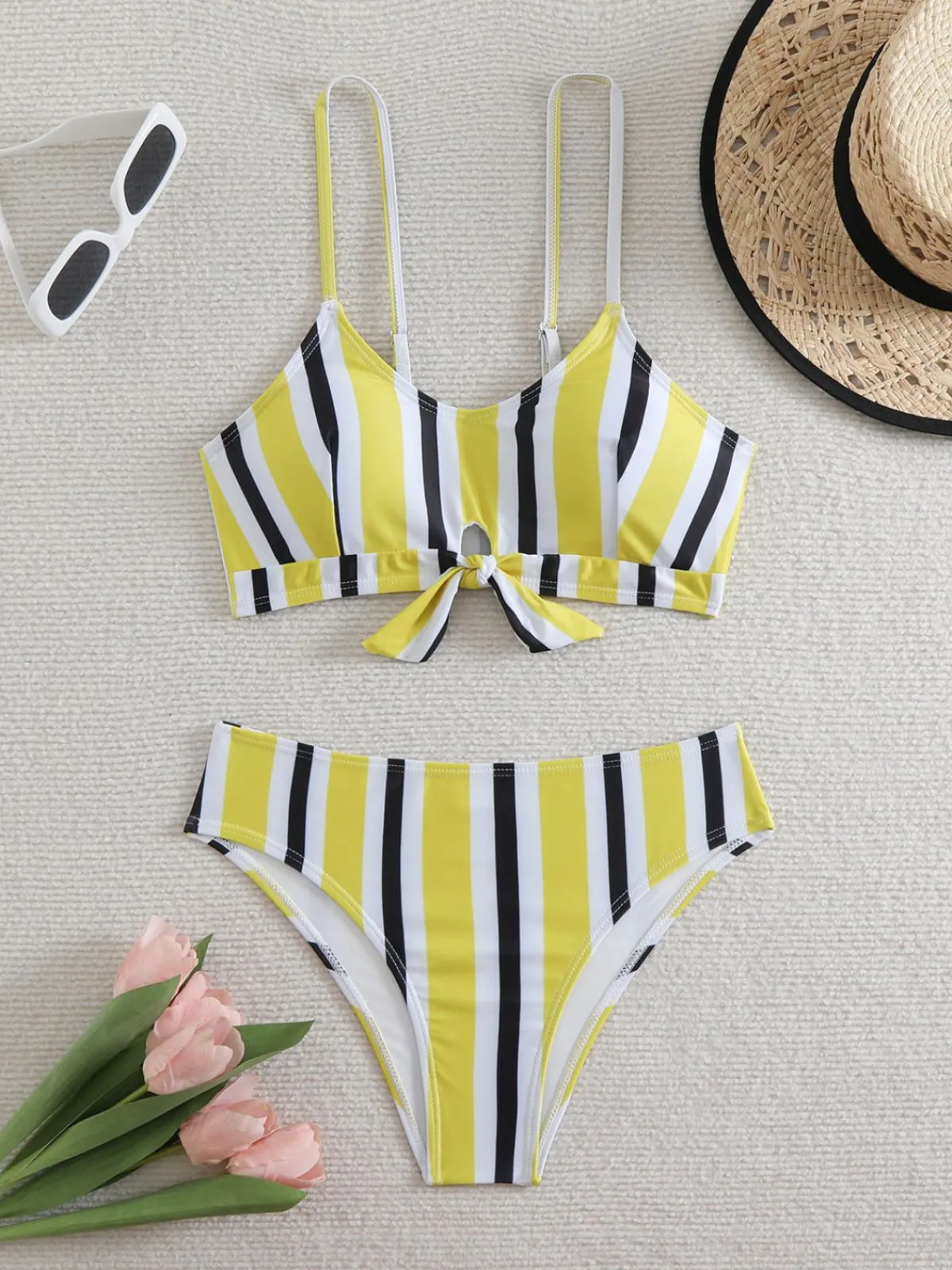 Discount Retro Stage 1940s Spaghetti Strap Bow Contrast Stripes Bikini