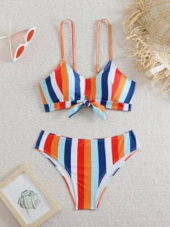 Discount Retro Stage 1940s Spaghetti Strap Bow Contrast Stripes Bikini