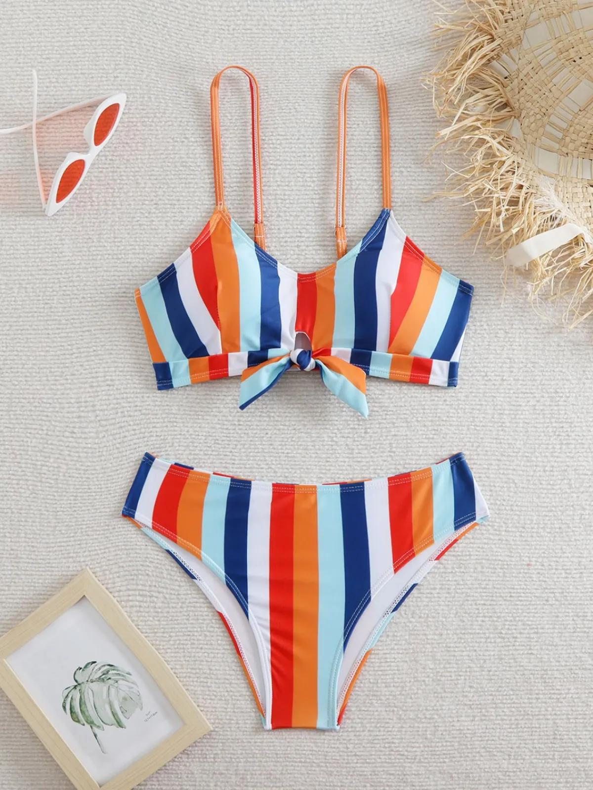 Discount Retro Stage 1940s Spaghetti Strap Bow Contrast Stripes Bikini