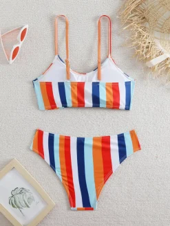 Discount Retro Stage 1940s Spaghetti Strap Bow Contrast Stripes Bikini