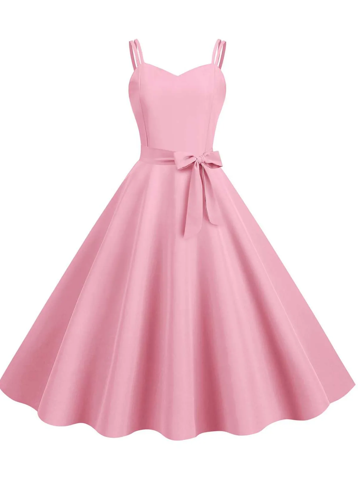 Fashion Retro Stage 1950s Spaghetti Strap Bow Decor Solid Dress