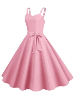 Fashion Retro Stage 1950s Spaghetti Strap Bow Decor Solid Dress