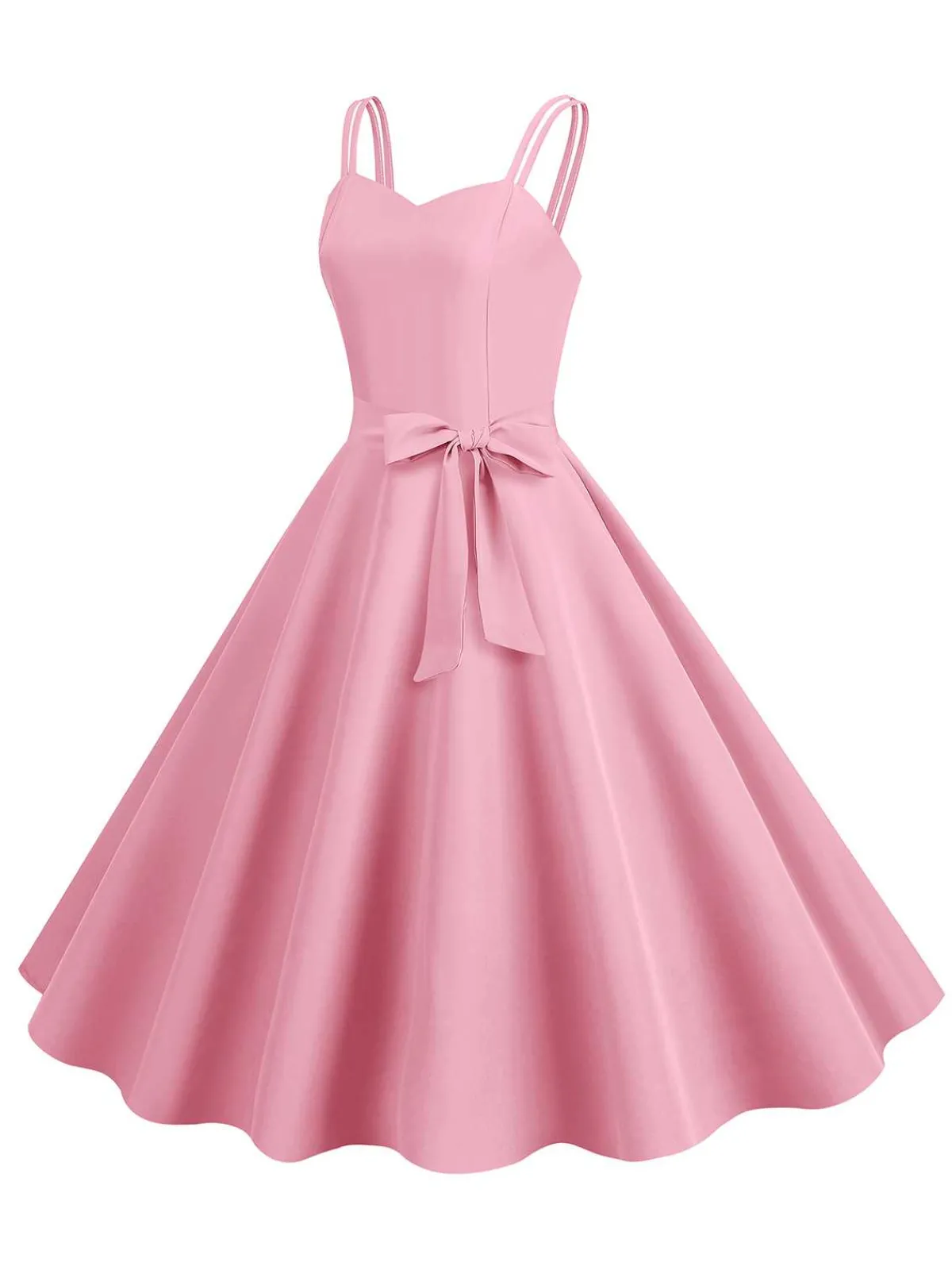 Fashion Retro Stage 1950s Spaghetti Strap Bow Decor Solid Dress