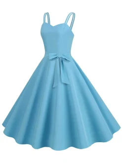 Fashion Retro Stage 1950s Spaghetti Strap Bow Decor Solid Dress
