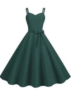 Fashion Retro Stage 1950s Spaghetti Strap Bow Decor Solid Dress