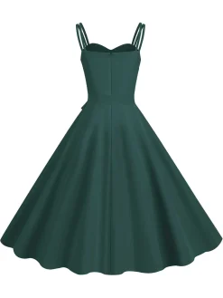 Fashion Retro Stage 1950s Spaghetti Strap Bow Decor Solid Dress