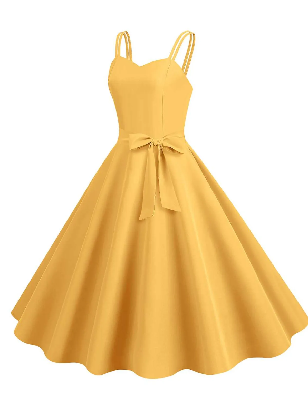 Fashion Retro Stage 1950s Spaghetti Strap Bow Decor Solid Dress