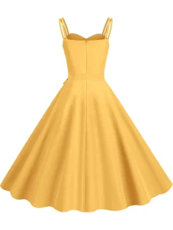 Fashion Retro Stage 1950s Spaghetti Strap Bow Decor Solid Dress