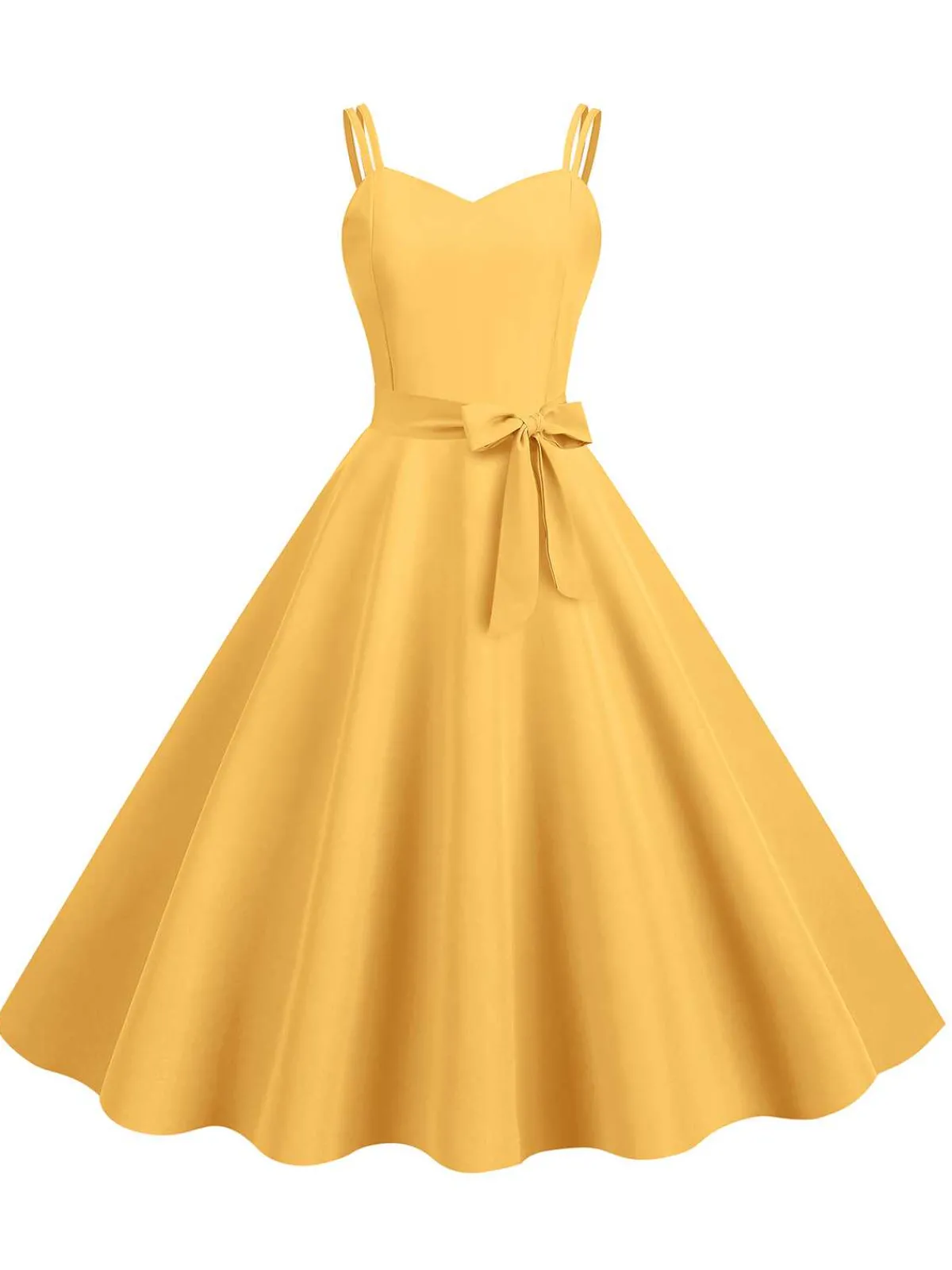 Fashion Retro Stage 1950s Spaghetti Strap Bow Decor Solid Dress