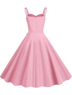 Fashion Retro Stage 1950s Spaghetti Strap Bow Decor Solid Dress