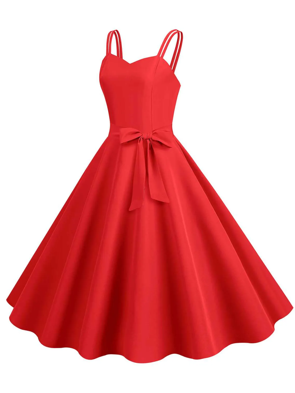 Fashion Retro Stage 1950s Spaghetti Strap Bow Decor Solid Dress