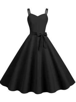 Fashion Retro Stage 1950s Spaghetti Strap Bow Decor Solid Dress