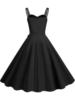 Fashion Retro Stage 1950s Spaghetti Strap Bow Decor Solid Dress
