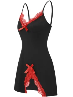 Sale Retro Stage 1970s Spaghetti Strap Bow Lace Patchwork Nightgown