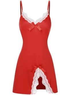 Sale Retro Stage 1970s Spaghetti Strap Bow Lace Patchwork Nightgown