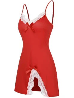 Sale Retro Stage 1970s Spaghetti Strap Bow Lace Patchwork Nightgown