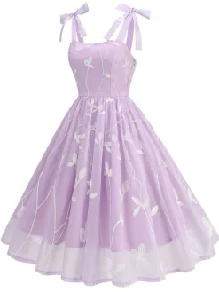 Fashion Retro Stage 1950s Spaghetti Strap Bow Leaves Mesh Dress