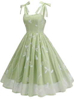 Fashion Retro Stage 1950s Spaghetti Strap Bow Leaves Mesh Dress