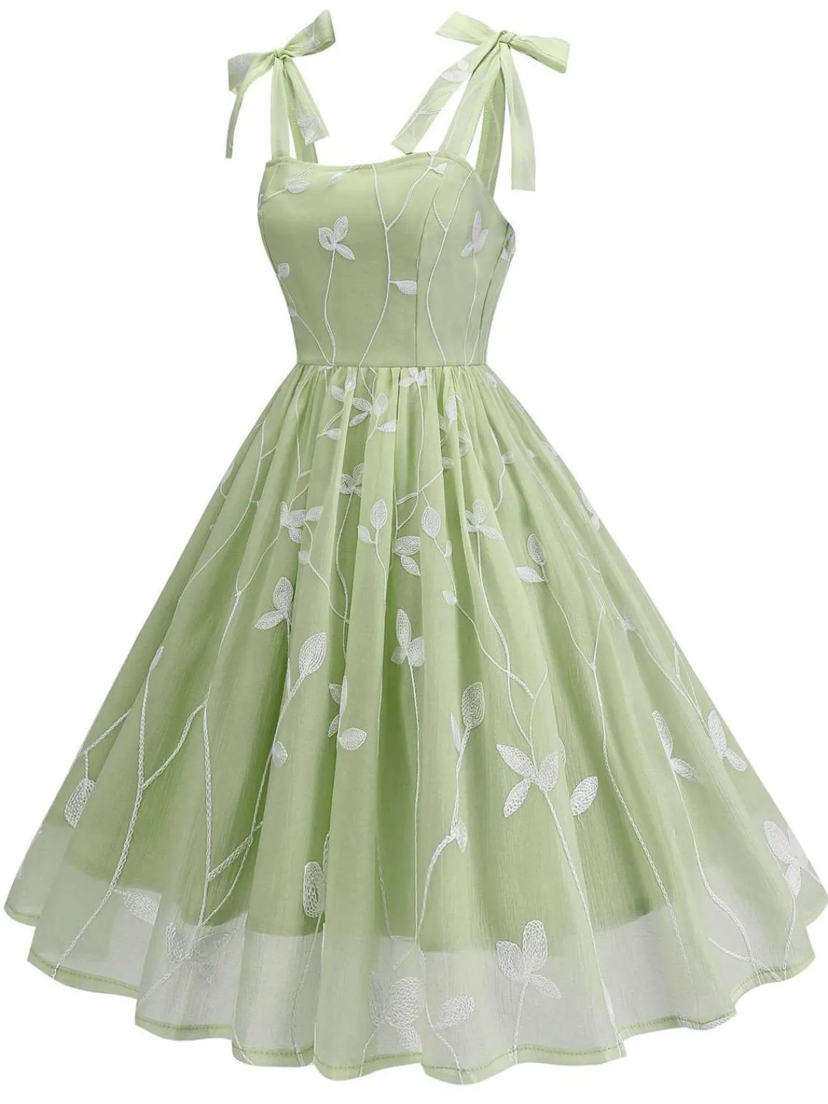 Fashion Retro Stage 1950s Spaghetti Strap Bow Leaves Mesh Dress