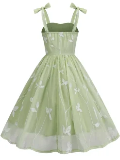 Fashion Retro Stage 1950s Spaghetti Strap Bow Leaves Mesh Dress