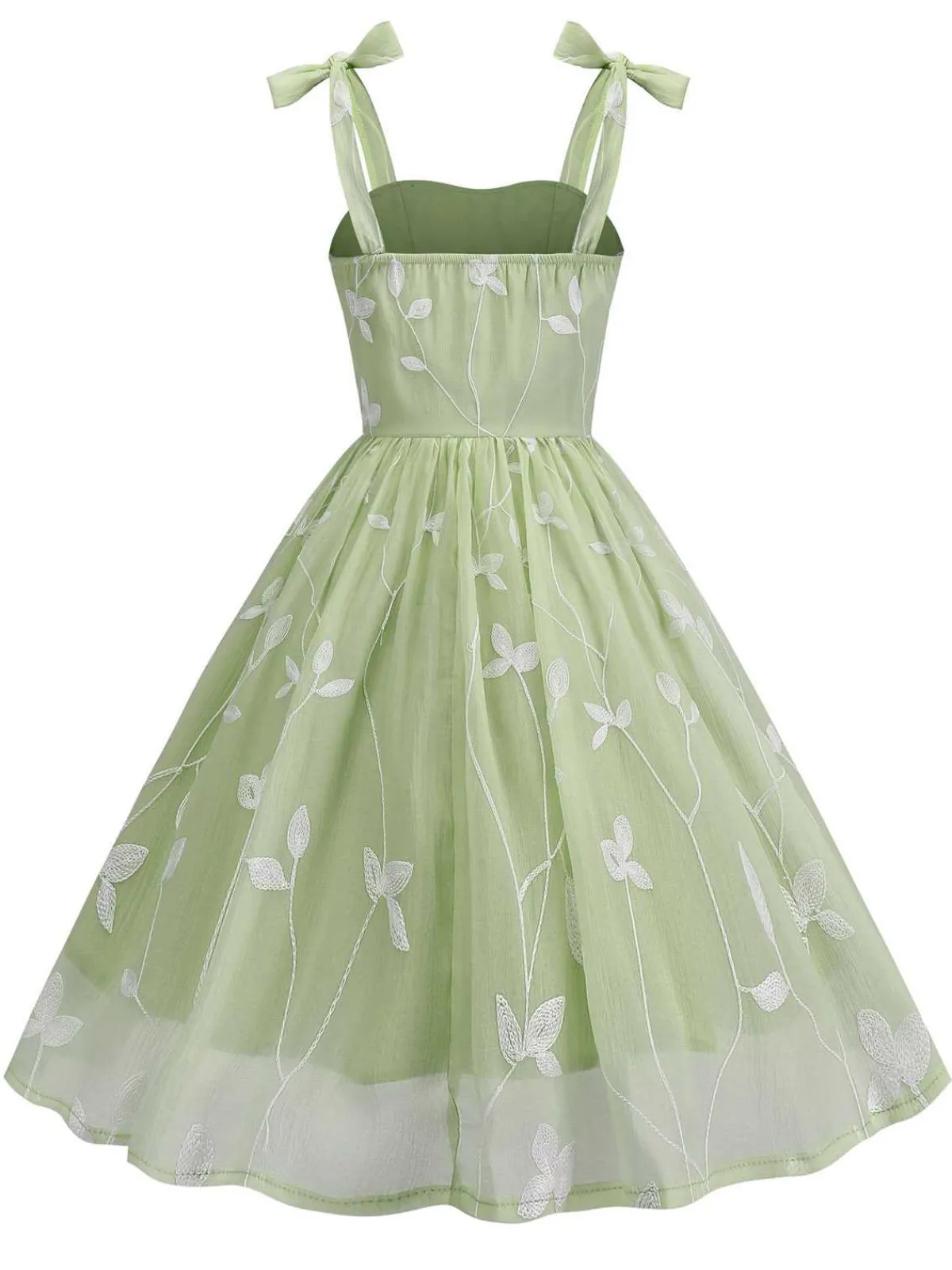 Fashion Retro Stage 1950s Spaghetti Strap Bow Leaves Mesh Dress