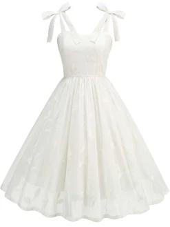 Fashion Retro Stage 1950s Spaghetti Strap Bow Leaves Mesh Dress