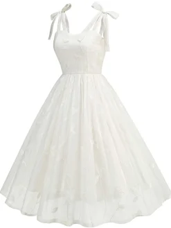 Fashion Retro Stage 1950s Spaghetti Strap Bow Leaves Mesh Dress