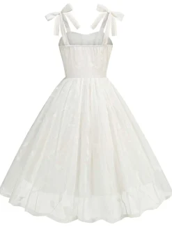 Fashion Retro Stage 1950s Spaghetti Strap Bow Leaves Mesh Dress