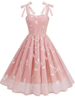 Fashion Retro Stage 1950s Spaghetti Strap Bow Leaves Mesh Dress