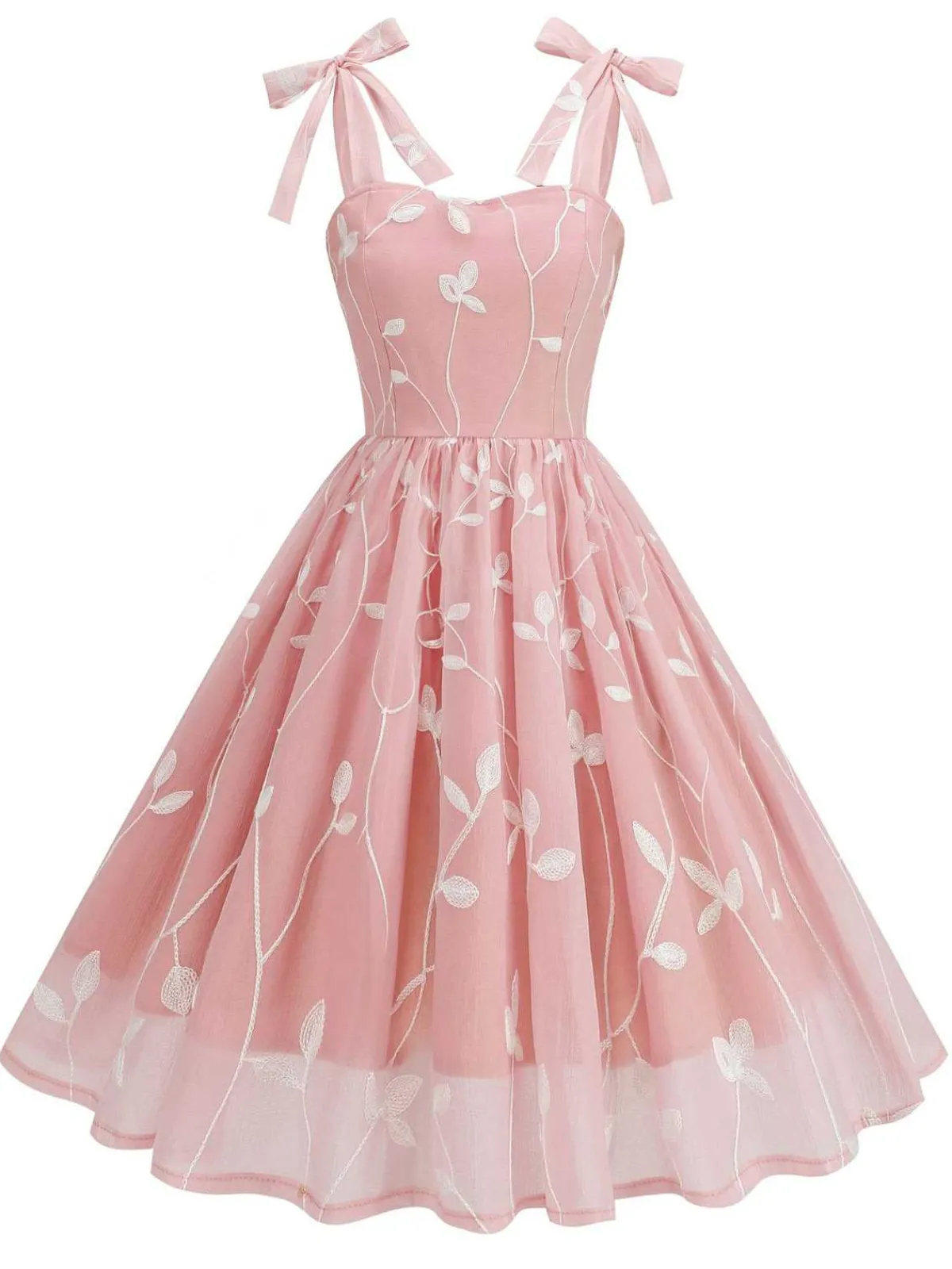 Fashion Retro Stage 1950s Spaghetti Strap Bow Leaves Mesh Dress