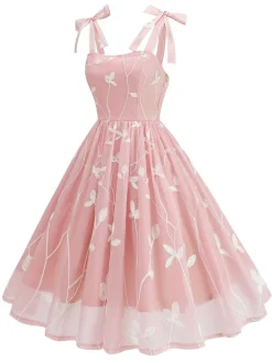 Fashion Retro Stage 1950s Spaghetti Strap Bow Leaves Mesh Dress