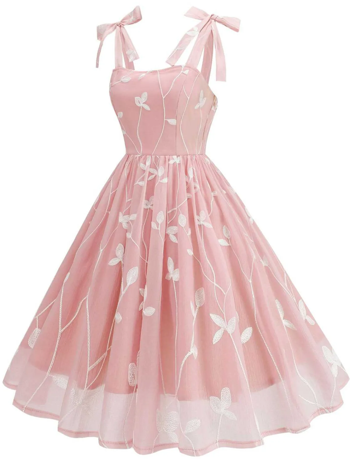 Fashion Retro Stage 1950s Spaghetti Strap Bow Leaves Mesh Dress