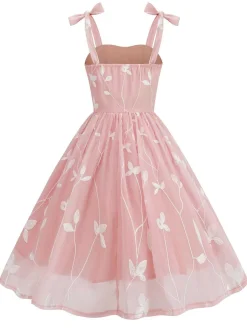 Fashion Retro Stage 1950s Spaghetti Strap Bow Leaves Mesh Dress