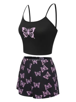 Hot Retro Stage 1970s Spaghetti Strap Butterfly Pajamas