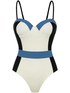 Discount Retro Stage 1940s Spaghetti Strap Color Block One-Piece Swimsuit Blue