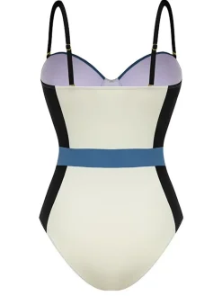 Discount Retro Stage 1940s Spaghetti Strap Color Block One-Piece Swimsuit Blue