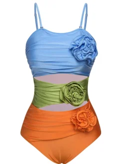 Hot Retro Stage 1930s Spaghetti Strap Contrast 3D Flower One-Piece Swimsuit Multicolor