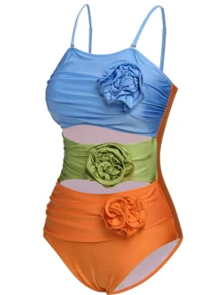 Hot Retro Stage 1930s Spaghetti Strap Contrast 3D Flower One-Piece Swimsuit Multicolor