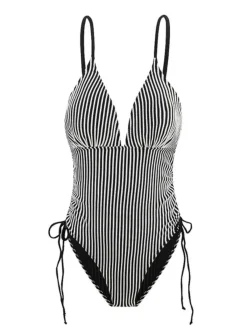 Clearance Retro Stage 1960s Spaghetti Strap Contrast Stripes One-Piece Swimsuit Black