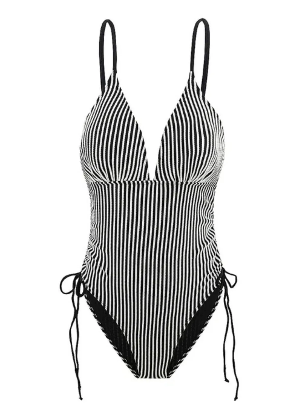 Clearance Retro Stage 1960s Spaghetti Strap Contrast Stripes One-Piece Swimsuit Black
