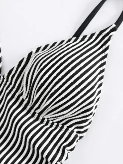Clearance Retro Stage 1960s Spaghetti Strap Contrast Stripes One-Piece Swimsuit Black