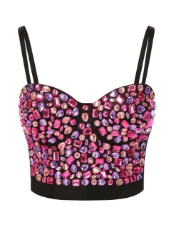 Fashion Retro Stage 1970s Spaghetti Strap 3D Rhinestone Embellished Crop Top Pink