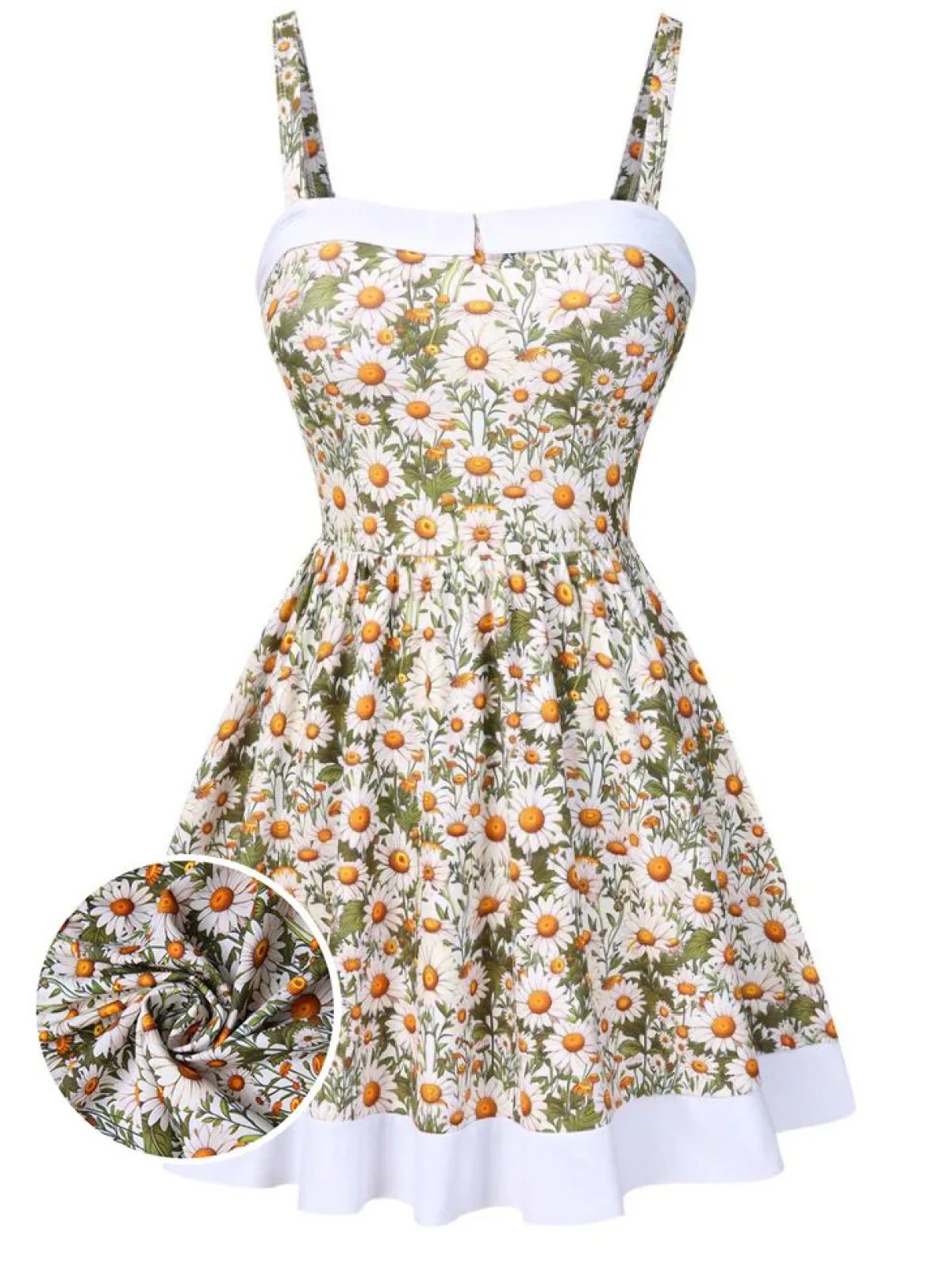Sale Retro Stage 1950s Spaghetti Strap Daisy Binding Swimdress Yellow & White