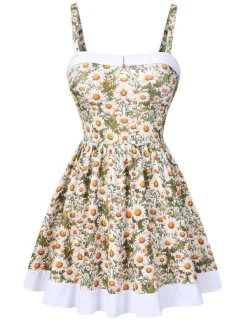 Sale Retro Stage 1950s Spaghetti Strap Daisy Binding Swimdress Yellow & White