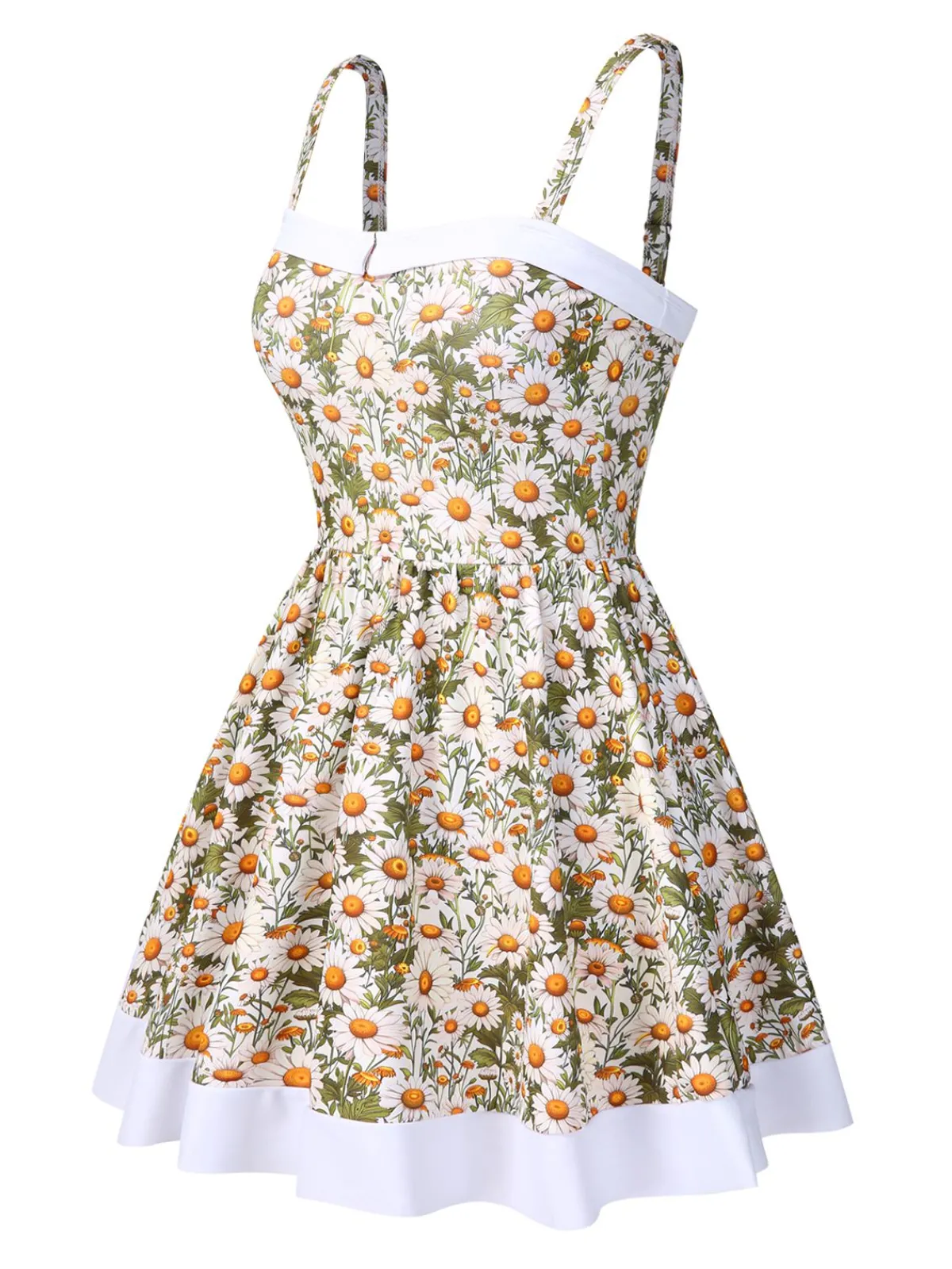 Sale Retro Stage 1950s Spaghetti Strap Daisy Binding Swimdress Yellow & White