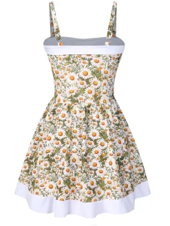 Sale Retro Stage 1950s Spaghetti Strap Daisy Binding Swimdress Yellow & White