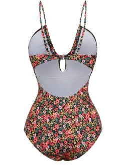 Hot Retro Stage 1930s Spaghetti Strap Ditsy Floral One-Piece Swimsuit Multicolor