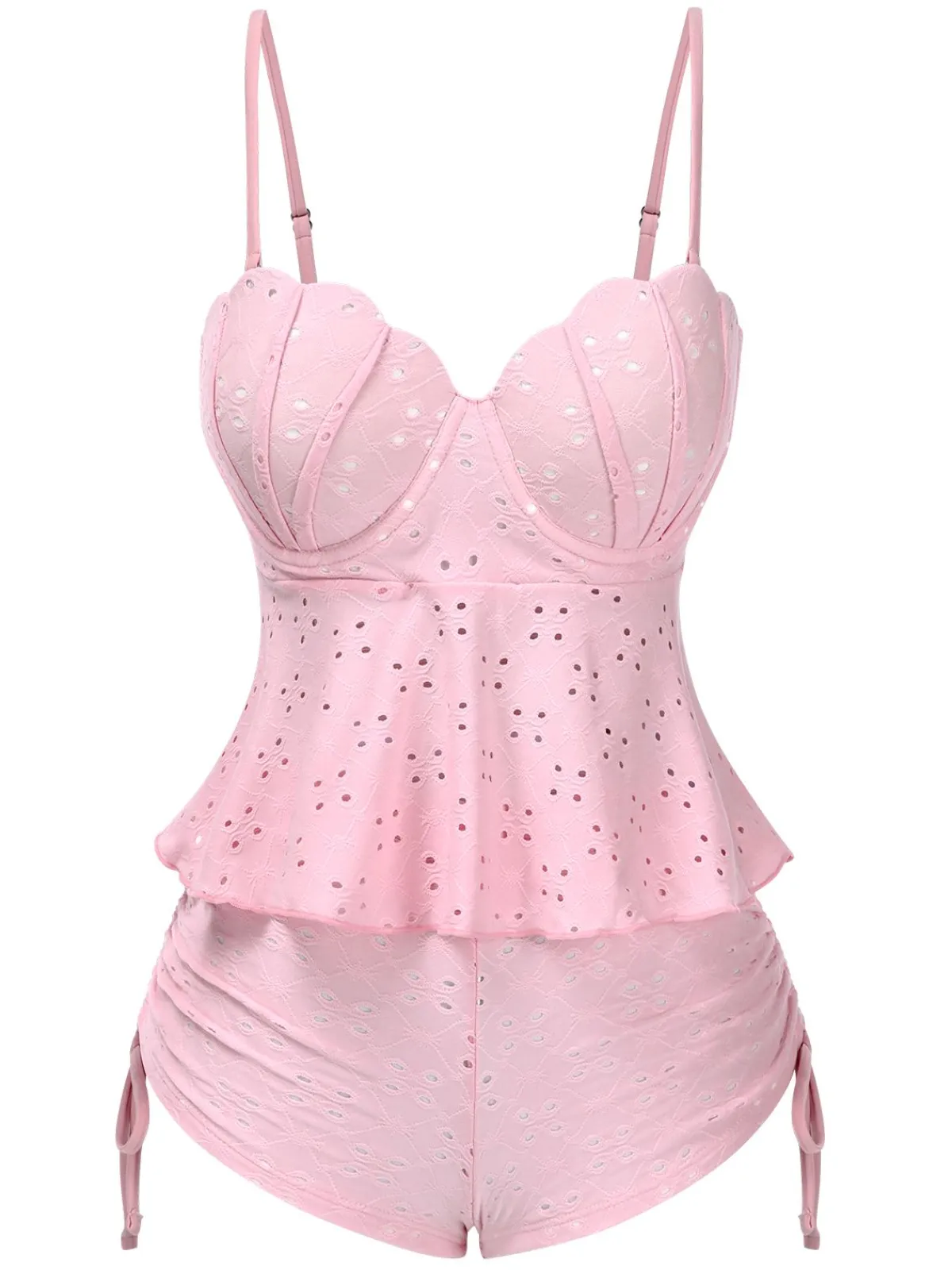 Fashion Retro Stage 1940s Spaghetti Strap Eyelet Shell Tankini Set
